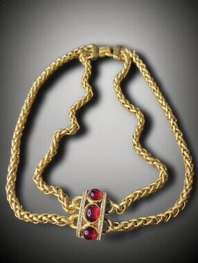 18k Matte Gold Plated Chunky Byzantine Ruby Cabochon Crystal Designer Necklace